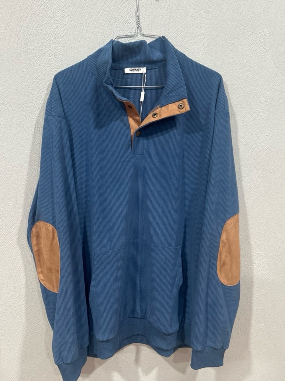 NWT Coofandy XL Cordory Blue V-Neck Pullover Sweater with Tan Elbow Patches
